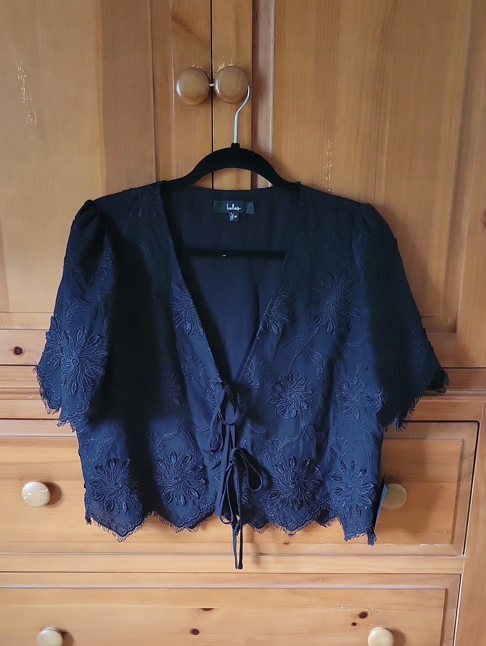 Lulus Vintage Aesthetic Black Embroidered Tie-Front Fringe Hem Top